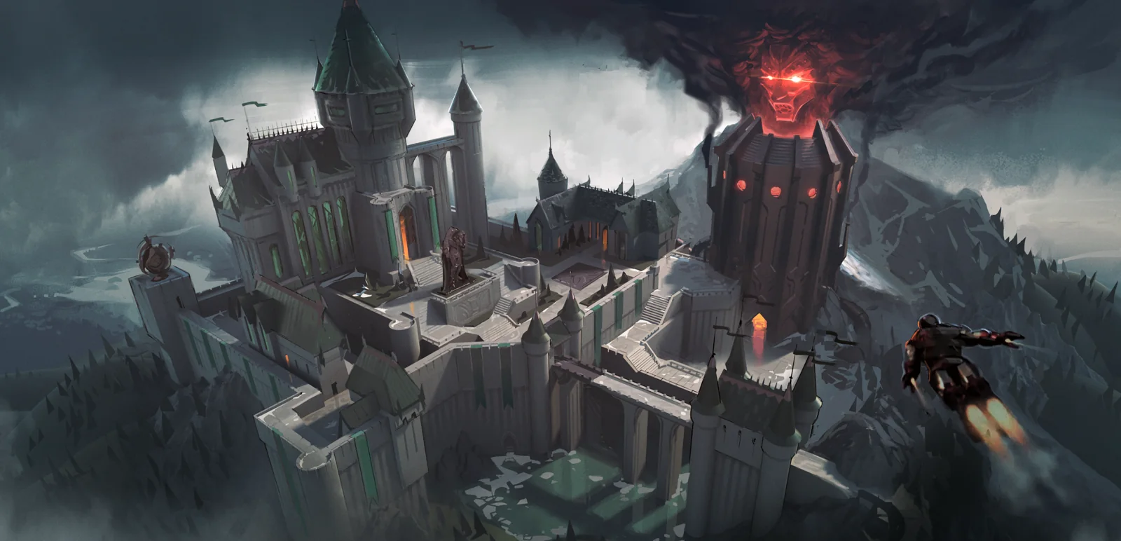 Concept key art of Castle Doom: a grey stone castle on a mountain under a storm, with Doctor Doom's glowing red face rising from the smoking tower and Iron Man flying in from the right